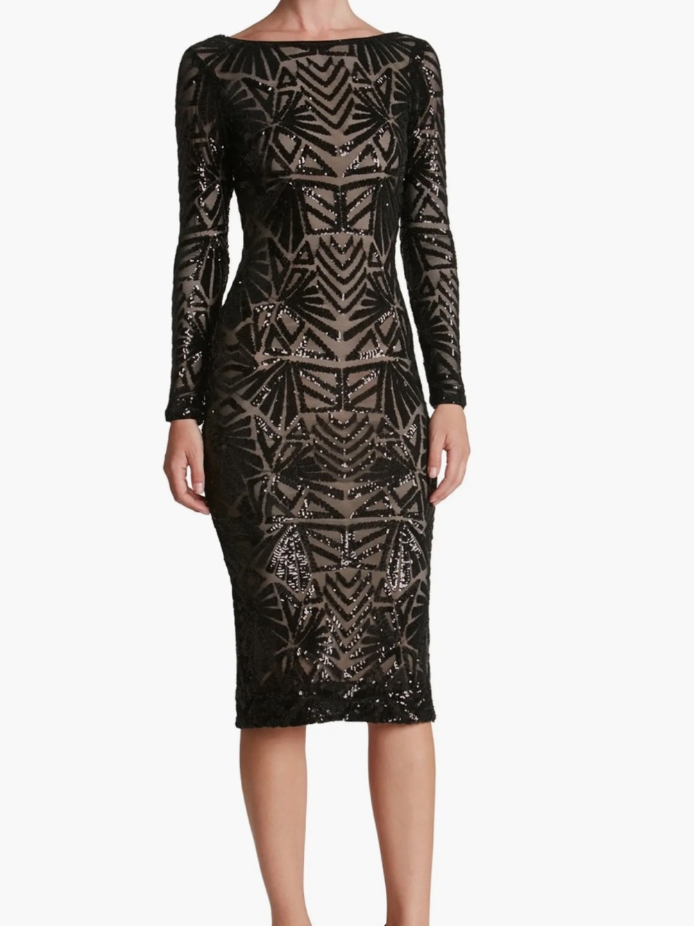Dress the population emery long sleeve black cocktail sequin midi dress sz xs